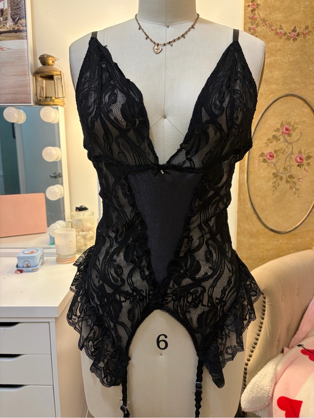 Shirley of Hollywood Black Lace Plunge Garter Teddy